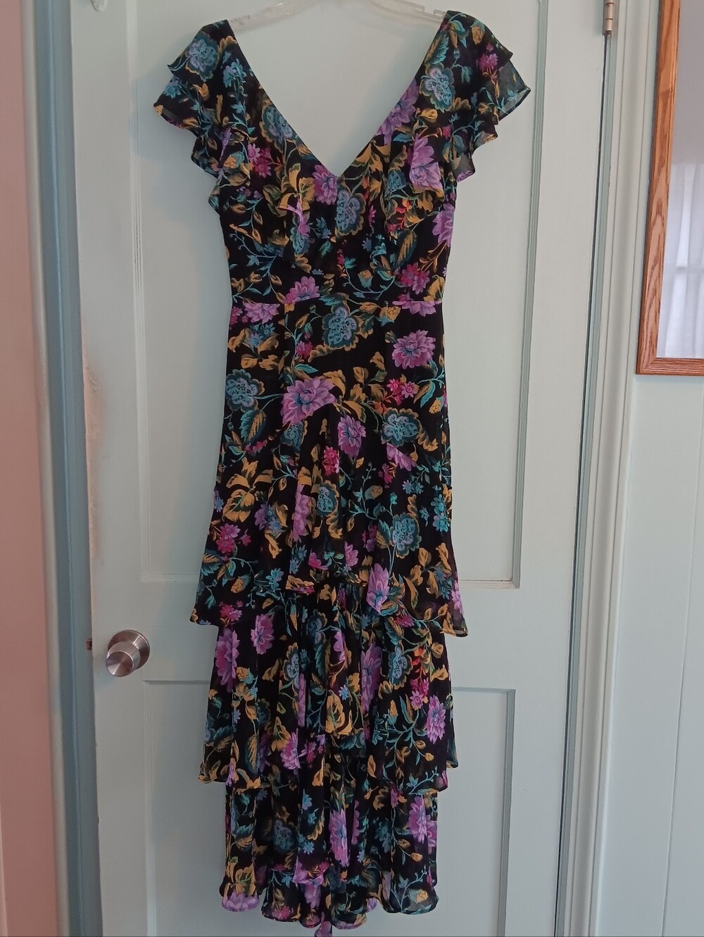Wayf Ruffled Tiered Black Floral Print Maxi Dress Size XS